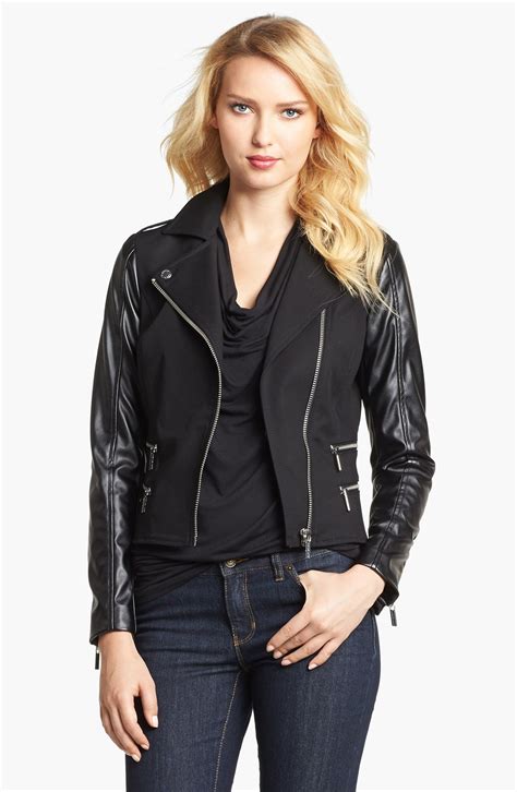 leather jacket knit sleeves michael kors|Michael Kors faux leather jacket.